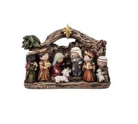 DRW Mystère Enfant Naissance avec Tronc comme Portail avec étoile et Rois en résine Peinte à la Main 20x8x14 cm