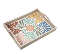 DRW Plateau en Bois décoré avec des Fleurs en Jaune, Rose et Bleu 40 x 30 x 7 cm