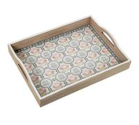 DRW Plateau en Bois décoré de Carreaux de Fleurs Naturelles et Bleues 40 x 30 x 7 cm