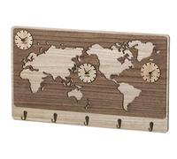 DRW Porte-manteau avec horloge carte du monde avec 3 horloges en bois 60 x 3,80 x 35 cm