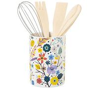 DRW Porte-ustensiles en céramique avec ustensiles Fleurs 11x23cm