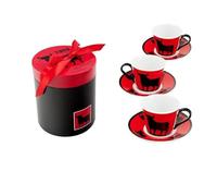DRW Set café 6 Tasses avec Assiette en Taureau Rouge et Noir Tasse 8x6x5 cm