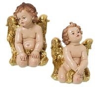 DRW Set de 2 Anges agenouillés en résine Beige et doré 8x10x14 cm