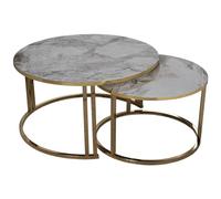 DRW Set de 2 Tables Basses Rondes en Bois et métal Effet marbre 80 x 43 et 60 x 38 cm, doré et Blanc, 80x43 y 60x38cm