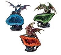 DRW Set de 3 Dragons sur géode en résine Peinte à la Main 5x5x15 cm