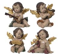 DRW Set de 4 Anges Musiciens et Assis en résine Beige et doré 6x8x9 cm