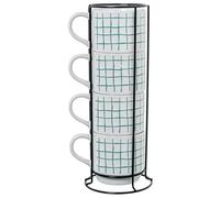 DRW Set de 4 Tasses en céramique Blanches et Support en métal 9 x 9 x 9 cm