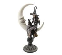DRW Sorcière avec Chat Noir Assis sur la Lune en résine Peinte à la Main 52 cm