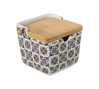 DRW Sucrier en céramique avec couvercle en bois et carrés 9 x 9 x 9 cm
