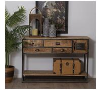 DRW Table d'entrée avec 4 tiroirs et 1 Porte en Bois et métal Naturel 120 x 40 x 80 cm