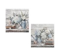 DRW Tableau sur toile avec arrosoir et fleurs peint à la main en blanc, bleu et vert, 40 x 3,5 x 40 cm