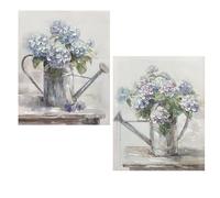 DRW Tableau sur toile avec arrosoir et fleurs peint à la main en blanc, bleu et vert, 40 x 3 x 50 cm