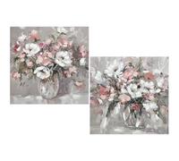 DRW Tableau sur Toile d'un Vase avec Fleurs Peint à la Main en Blanc, Rose et Vert 80 x 3 x 80 cm