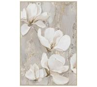DRW Tableau sur toile fleuri et cadre en bois naturel blanc et gris 80 x 120 x 3 cm