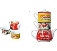 DRW Tasses avec théière empilable en céramique rétro vintage Théière : 10 x 10 x 11 cm et 420 ml