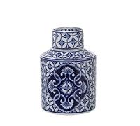 DRW Tibor Rond en céramique avec Dessins en Blanc et Bleu ø14x22 cm