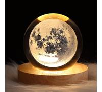 DRYFAL Veilleuse 3D en forme de boule de cristal La lune LED pour enfants avec base en bois - Galaxie - Veilleuse - Cadeau - Décoration fantaisie de chambre