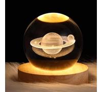 DRYFAL Veilleuse 3D en forme de boule de cristal Saturne LED pour enfants avec base en bois - Galaxie - Veilleuse - Cadeau - Décoration fantaisie de chambre [Classe énergétique A]
