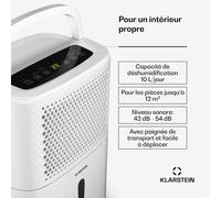 Klarstein DryFy 10 L déshumidificateur d'air - 240 W, 10 L/jour, réservoir 1,8 L, seulement 42dB, minuterie, auto-restart, anti-moisissures, déshumidificateur de salle de bains, maison, noir