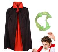 Dryxog 2 Pièces Halloween Costume Vampires Enfants Jeunes Cape Classique Cosplay avec Dents Vampire Magicien Costume Halloween Carnaval Deguisement Rouge et Noir Recto-Verso Cape (90 cm)