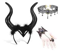 Dryxog 3 Pièces Bandeau Corne Démon Diable Noir Serre Tête avec Chocker Dentelle Deguisement Role Play pour Accessoire Gothique Décoration Role Play Cosplay Femme Fille Carnaval