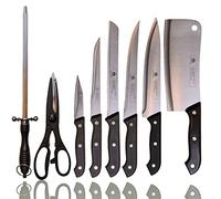 DS-Lux Lot de 9 couteaux de qualité supérieure avec planche en bois - Couteau à désosser, hachoir, ciseaux universels, couteau à filet, couteau à pain, couteau à viande, couteau de chef, fusil à