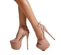 DSAI Sandales d'été sexy à talon aiguille épais à bride étroite pour femme - Sandales à boucle pour boîte de nuit - Abricot, 35