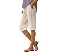 DSAoTeng Bermuda d'été en coton et lin pour femme - Coupe ample décontractée longueur genou jambe droite, taille élastique, léger, tenue de plage avec poches pour l'extérieur et le bureau, beige, M
