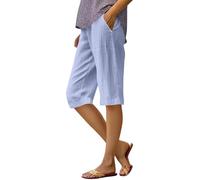 DSAoTeng Bermuda d'été en coton et lin pour femme - Coupe ample décontractée longueur genou jambe droite, taille élastique, léger, tenue de plage avec poches pour l'extérieur et le bureau, bleu clair,