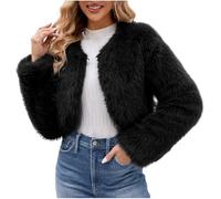 DSAoTeng Boléro moelleux ouvert sur le devant pour femme, manteau uni en fausse fourrure décontractée, courte, épaisse, douce, pelucheuse, chaude à col rond pour l'hiver (noir, S), Noir , S