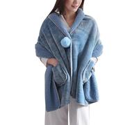 DSAoTeng Cape en polaire à pompons pour femme - Douce et confortable - Épais - Chaud - Pour l'hiver, la maison, le bureau, les voyages, le camping, bleu clair, Taille unique