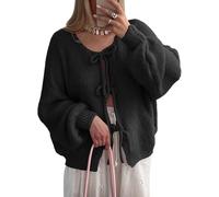 DSAoTeng Cardigan à manches longues pour femme avec nœud bouffant et nœud sur le devant - Décontracté - Tricot côtelé ample à lacets - Automne et hiver, Noir , S