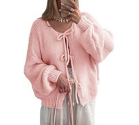 DSAoTeng Cardigan à manches longues pour femme avec nœud bouffant et nœud sur le devant - Décontracté - Tricot côtelé ample à lacets - Automne et hiver, rose, M