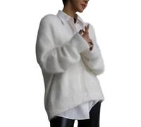 DSAoTeng Cardigan en fourrure pelucheuse boutonnée à col en V et manches longues pour femme - Vêtement d'extérieur décontracté ample boutonné en tricot pour l'automne et l'hiver, blanc, L