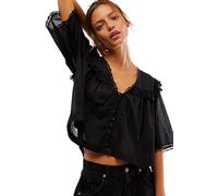 DSAoTeng Chemise péplum transparente pour femme - Haut court d'été à col en V et bordure en dentelle transparente à volants et col à revers, coupe ample en coton avec boutons à manches courtes, pour