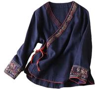 DSAoTeng Chemise traditionnelle chinoise Hanfu Tang brodée vintage à manches longues bleu marine S
