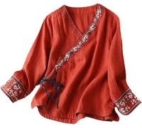 DSAoTeng Chemise traditionnelle chinoise vintage à manches longues pour femme Hanfu Tang Costume brodé Vêtements zen, Rouge, L