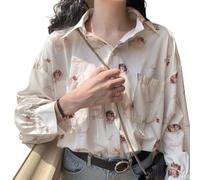 DSAoTeng Chemisier à manches longues en mousseline de soie pour femme - Imprimé ange mignon - Style décontracté et élégant - Style vintage chic - Pour l'automne et le printemps, blanc, L
