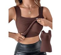 DSAoTeng Débardeur pour femme avec col en U et soutien-gorge intégré - Coupe ajustée - Une pièce - Couleur unie - Sans couture - Sans manches - Camisole d'entraînement, café, XXL