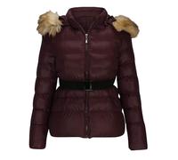 DSAoTeng Doudoune ample de couleur unie pour femme - avec capuche en fausse fourrure et poche zippée - Avec ceinture - Style décontracté et chaud - Manteau d'hiver matelassé (rouge vin, L), rouge vin,