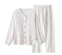DSAoTeng Ensemble de pyjama 2 pièces en coton pour femme - Ensemble de pyjama double gaze printemps-hiver, cardigan boutonné, haut à manches longues et pantalon long, vêtement de nuit pour la maison
