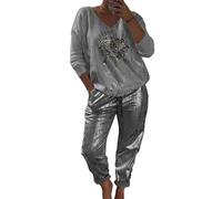 DSAoTeng Ensemble de survêtement 2 pièces à paillettes pour femme avec haut et pantalon long métallique brillant, 5, XL