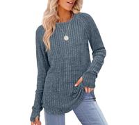 DSAoTeng Haut ample à manches longues et col rond pour femme avec trou pour le pouce - Pull décontracté léger et confortable pour les sorties d'automne au quotidien, bleu, M Grande taille