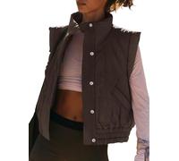 DSAoTeng Gilet court rembourré boutonné pour femme, avec poches, léger, matelassé, col montant, sans manches, pour l'automne et l'hiver, marron foncé, M