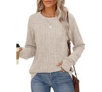 DSAoTeng Haut ample à manches longues et col rond pour femme avec trou pour le pouce - Pull décontracté léger et confortable pour les sorties d'automne au quotidien, kaki, L Grande taille