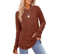 DSAoTeng Haut ample à manches longues et col rond pour femme avec trou pour le pouce - Pull décontracté léger et confortable pour les sorties d'automne au quotidien, caramel, XXL Grande taille