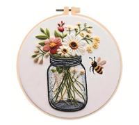 DSAoTeng Lot de 2 kits de broderie au point de croix pour vase d'abeille - Ensemble de broderie botanique moderne à motif floral nature morte en coton et lin tissu imprimé soluble dans l'eau pour