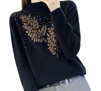 DSAoTeng Pull en laine cachemire pour femme - Col roulé - Décontracté - Élégant - Chaud - Manches longues - Motif strass - Pour l'automne et l'hiver, Noir , L