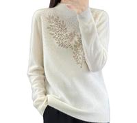 DSAoTeng Pull en laine cachemire pour femme - Col roulé - Décontracté - Élégant - Chaud - Manches longues - Motif strass - Pour l'automne et l'hiver, blanc, L