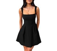 DSAoTeng Robe d'été sans manches à col carré pour femme - Robe d'été courte d'été avec nœud papillon et ourlet à volants avec bretelles réglables - Robe d'été fluide dos nu pour fête et soirée, Noir ,